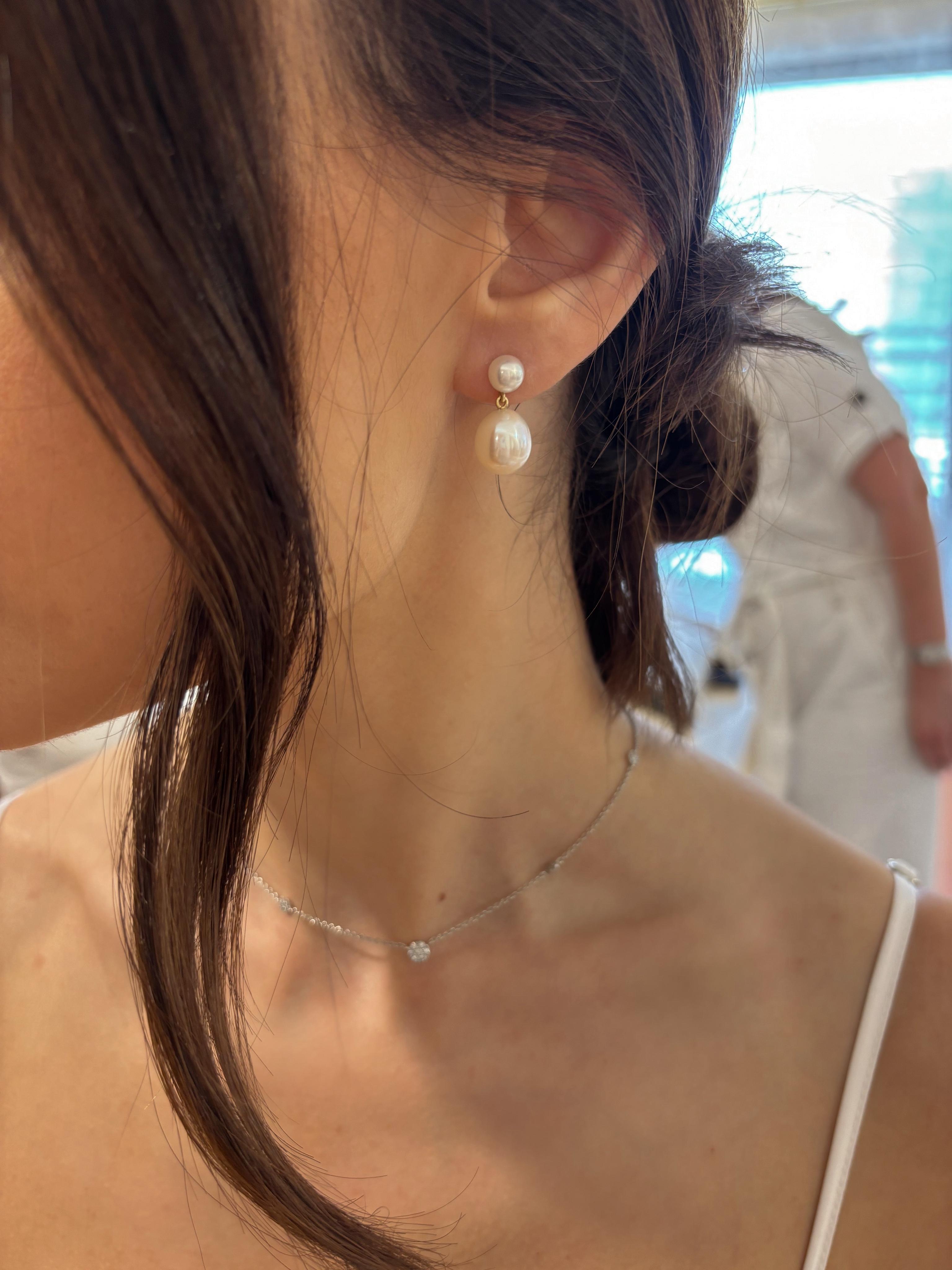 Contemporary Double Drops Pearl Earrings, 18K Gold, by Michelle Massoura For Sale