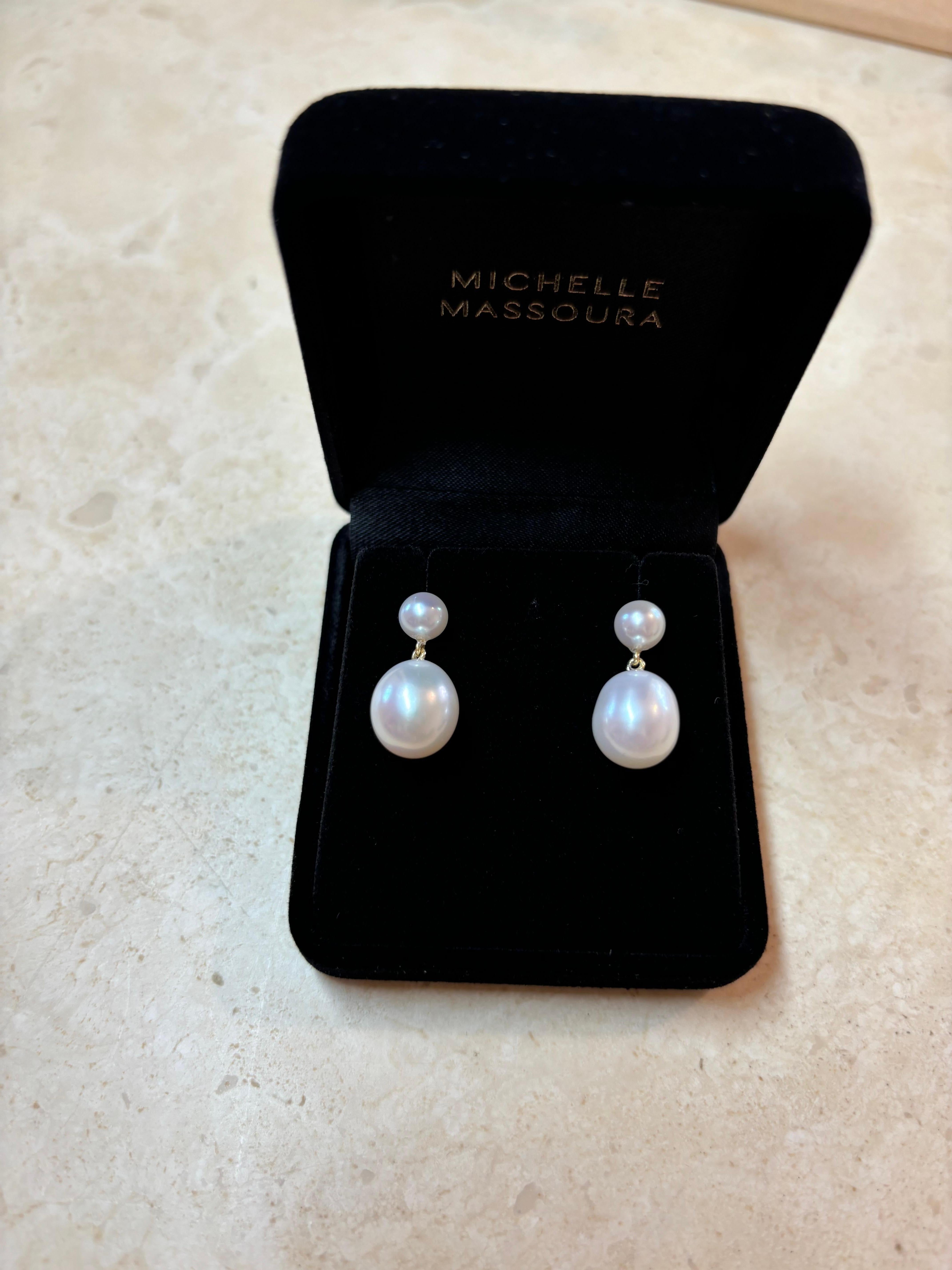 Double Drops Pearl Earrings, 18K Gold, by Michelle Massoura For Sale 2