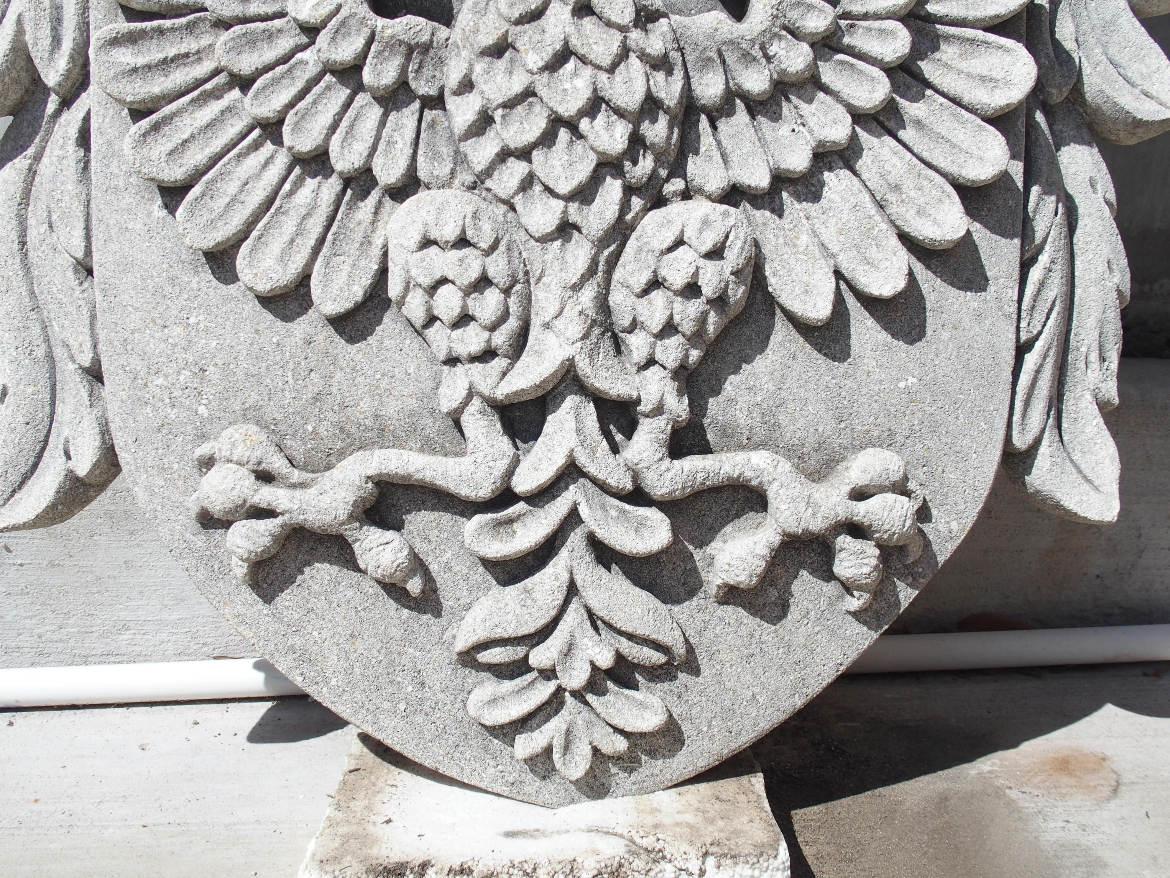 Hand-Carved Double Eagle Cartouche Plaque in Carved Limestone For Sale