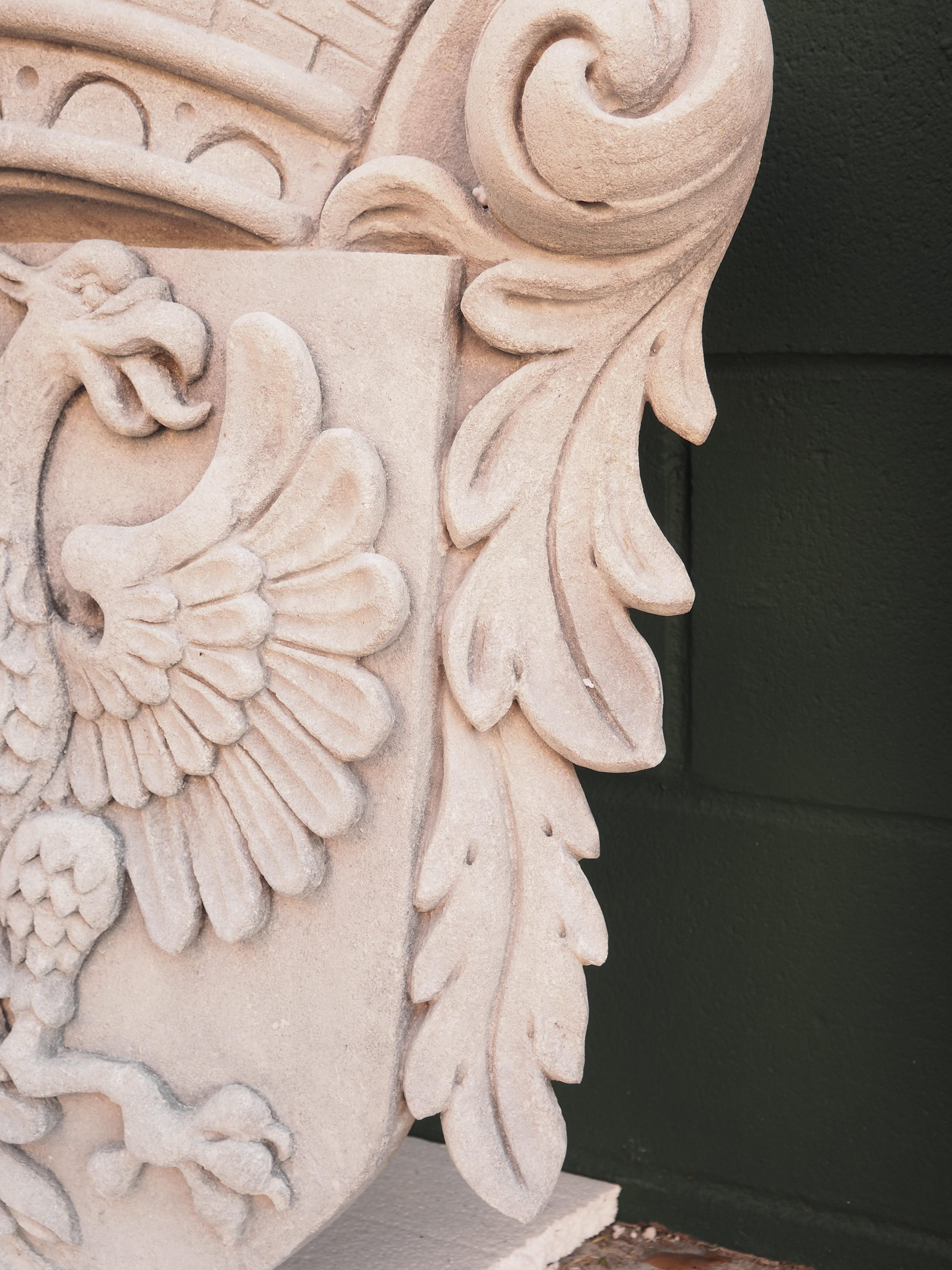 Double Eagle Cartouche Plaque in Carved Limestone In Good Condition For Sale In Dallas, TX