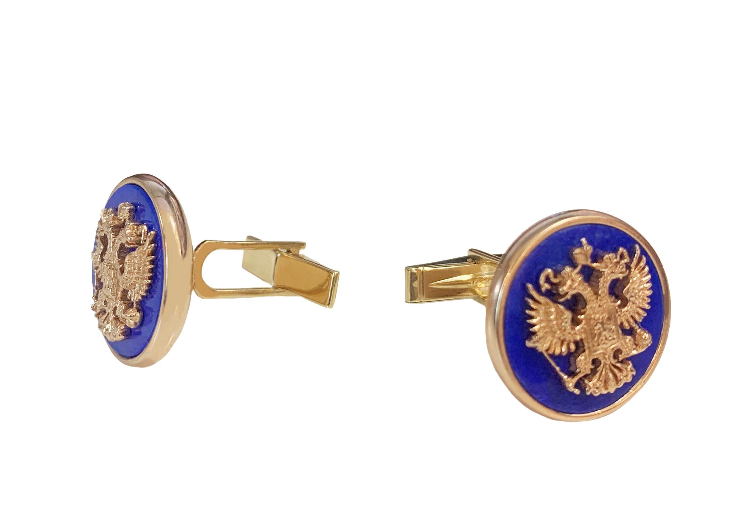 Double Eagle Cufflinks in 14k Red Gold with Lapis Lazuli In New Condition For Sale In New York, NY
