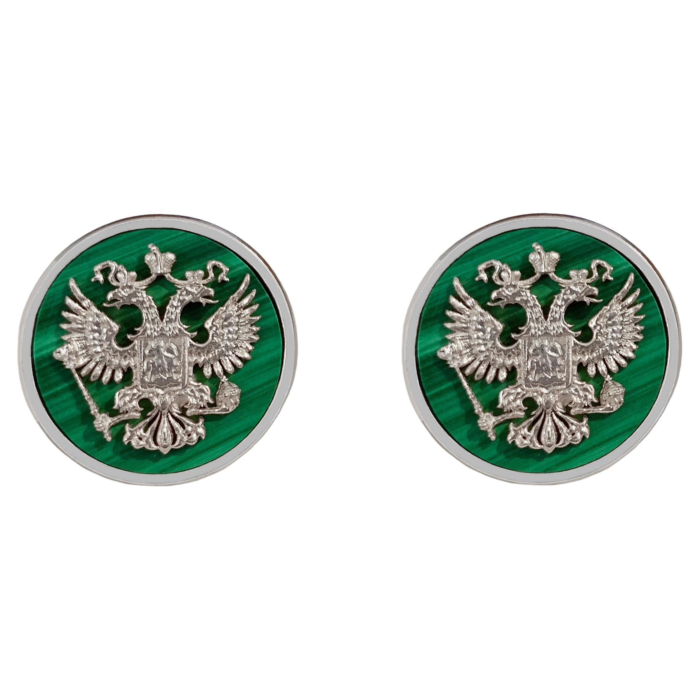 Double Eagle Cufflinks in 14k White Gold with Malachite For Sale