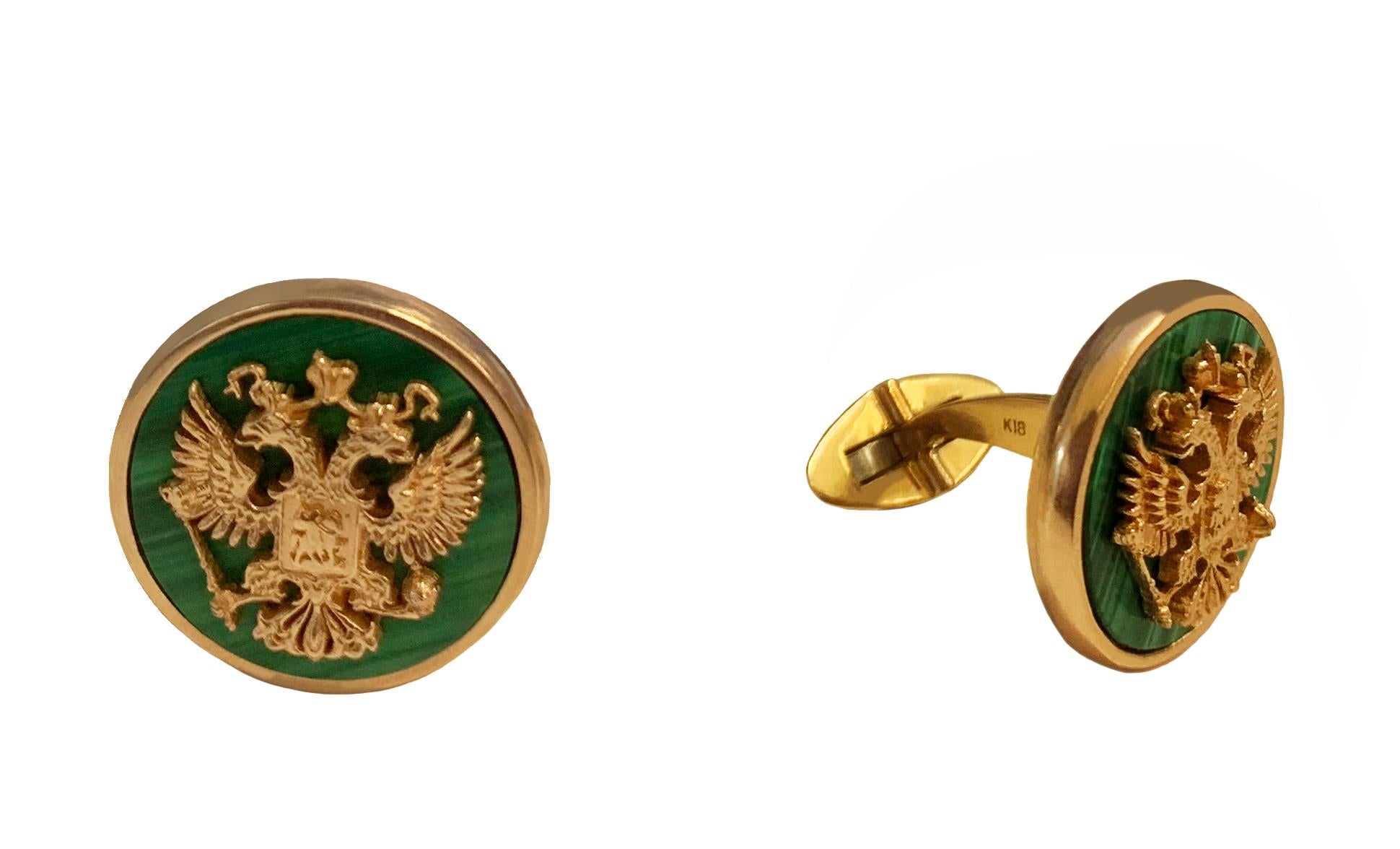 Double Eagle Cufflinks in 14k Rose Gold with Malachite In New Condition For Sale In New York, NY