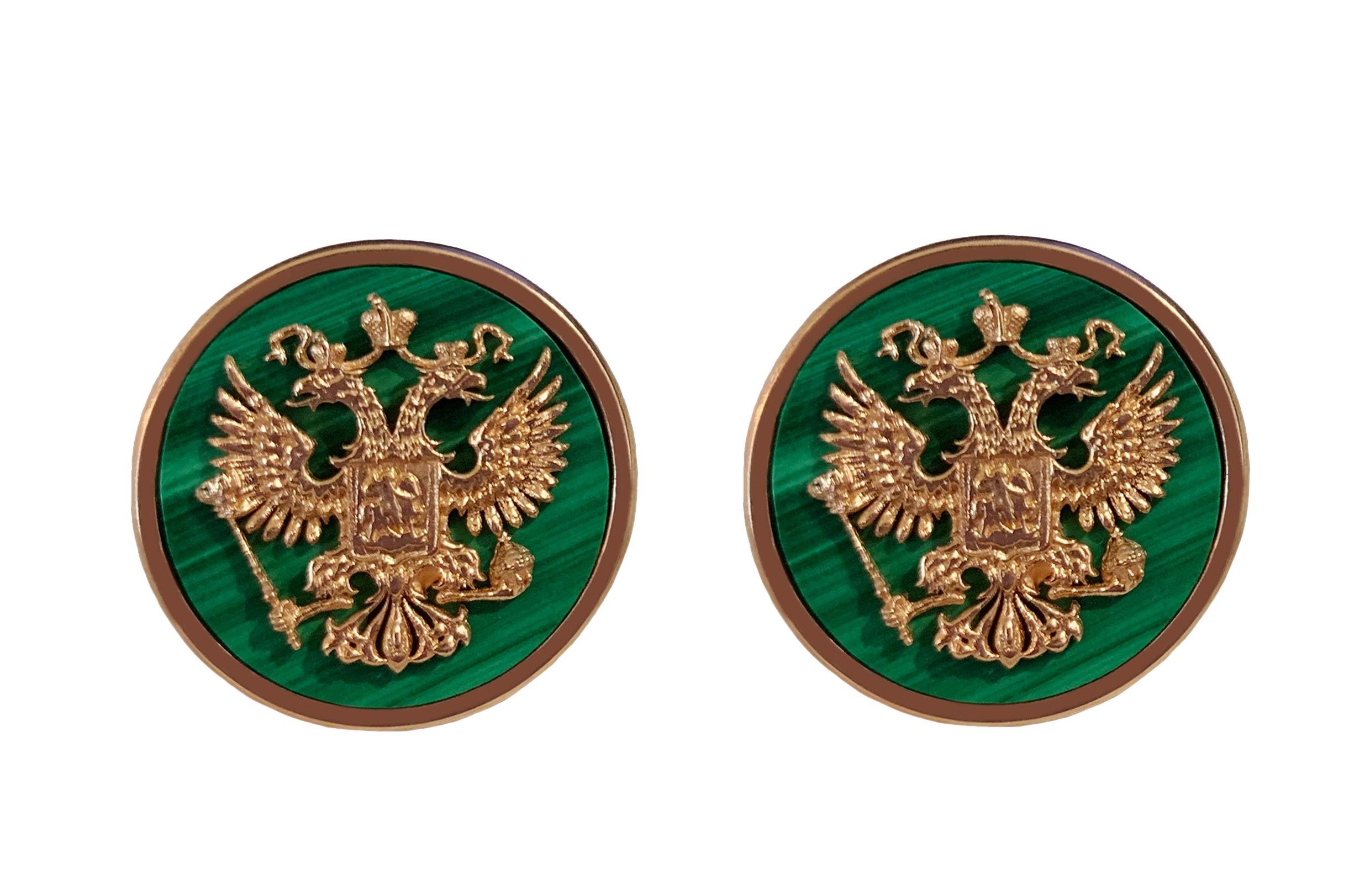 Men's Double Eagle Cufflinks in 14k Rose Gold with Malachite For Sale