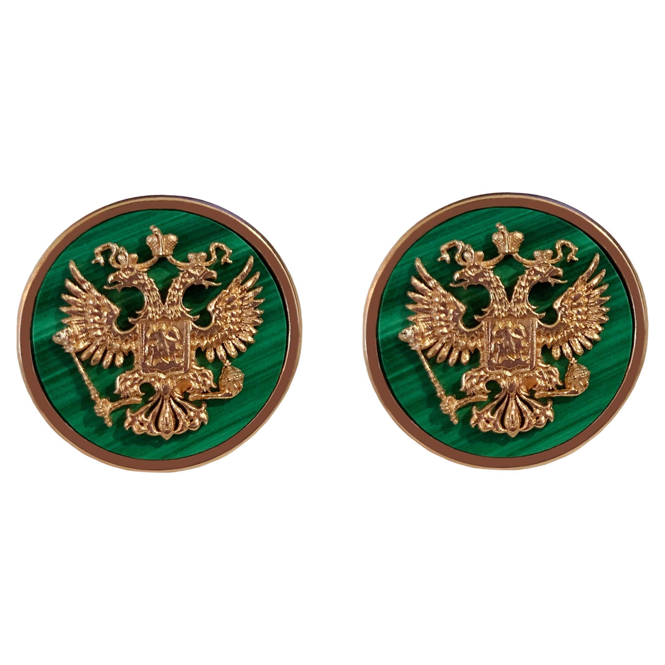 Double Eagle Cufflinks in 14k Rose Gold with Malachite For Sale