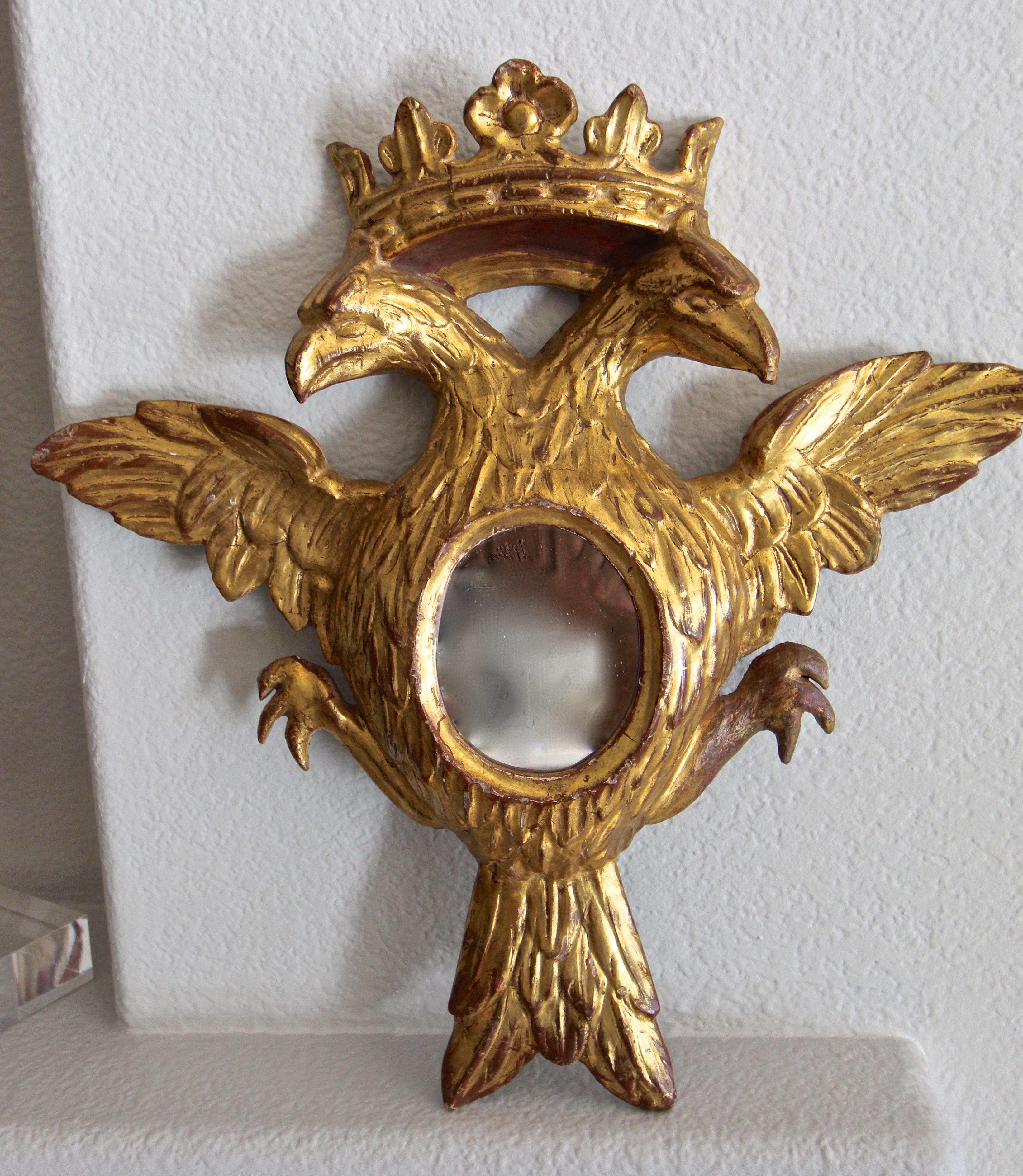 European Double Eagle Head Crest and Crown Carved Giltwood Wall Mirror