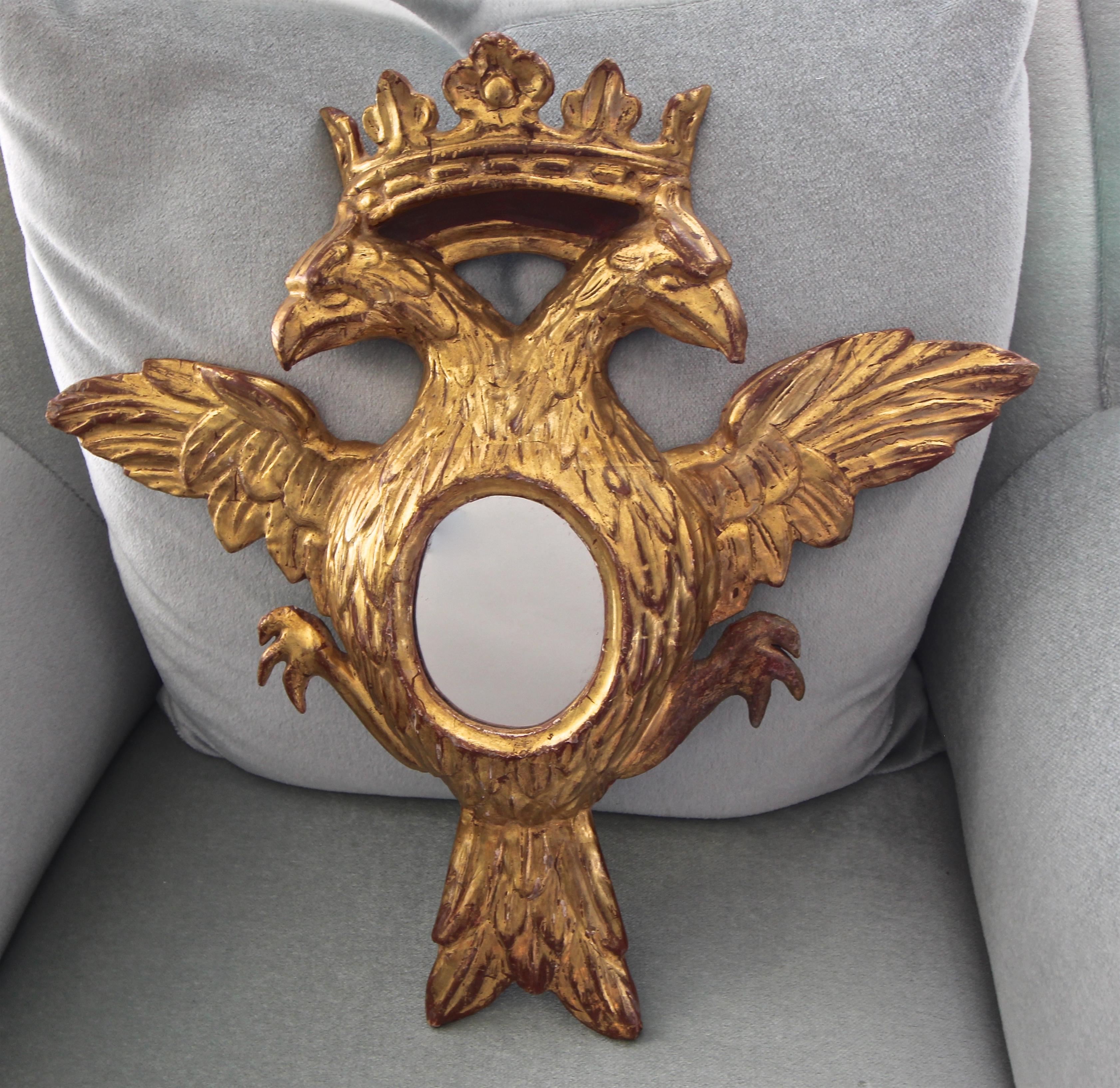 Hand-Carved Double Eagle Head Crest and Crown Carved Giltwood Wall Mirror
