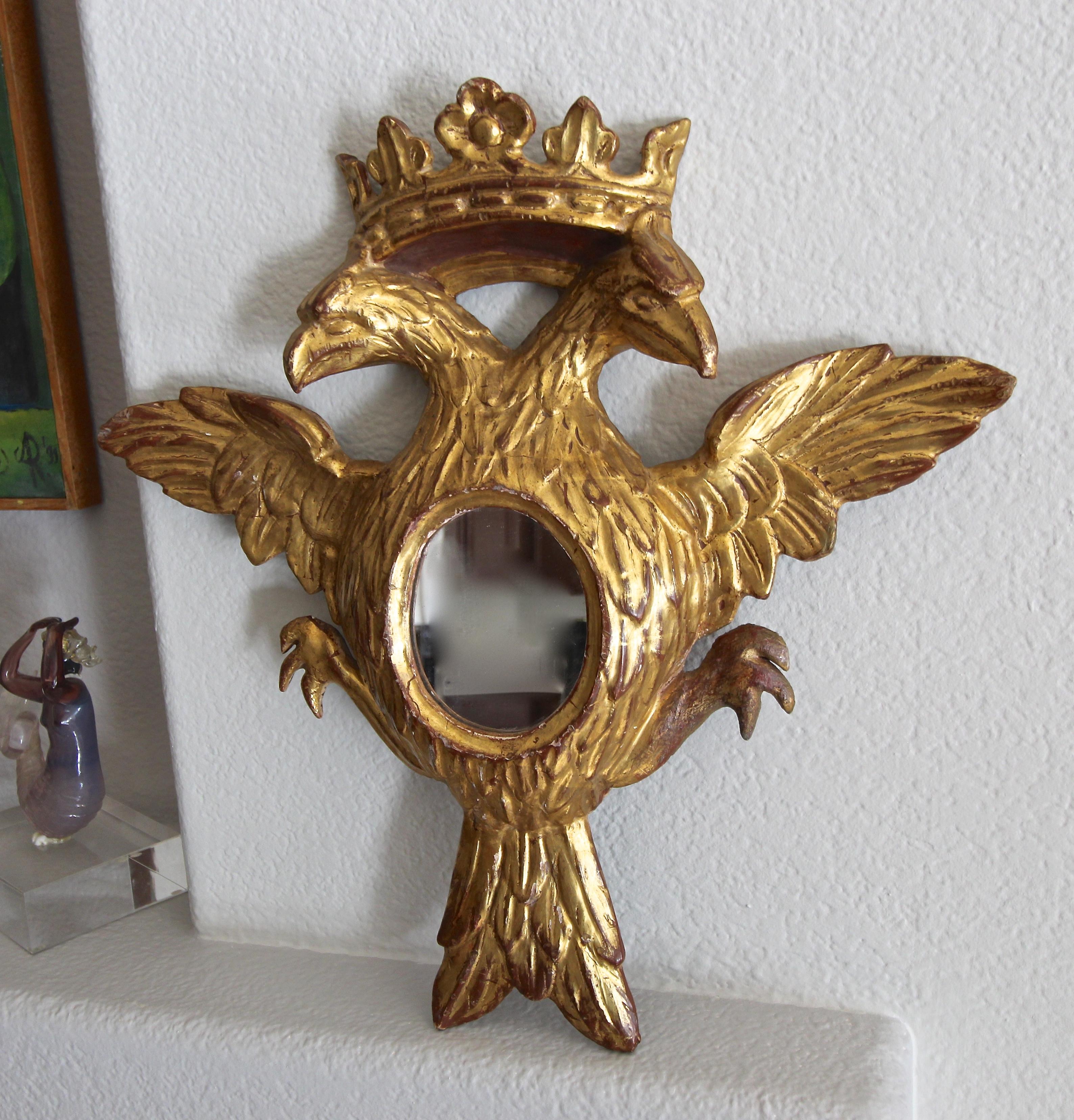 Double Eagle Head Crest and Crown Carved Giltwood Wall Mirror In Good Condition In Palm Springs, CA