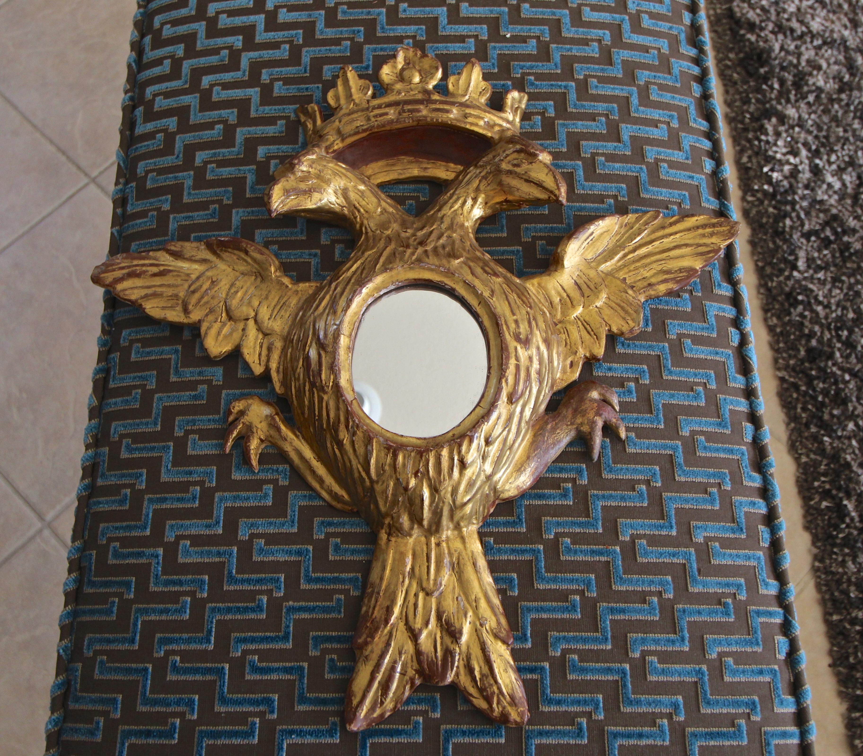 Wood Double Eagle Head Crest and Crown Carved Giltwood Wall Mirror