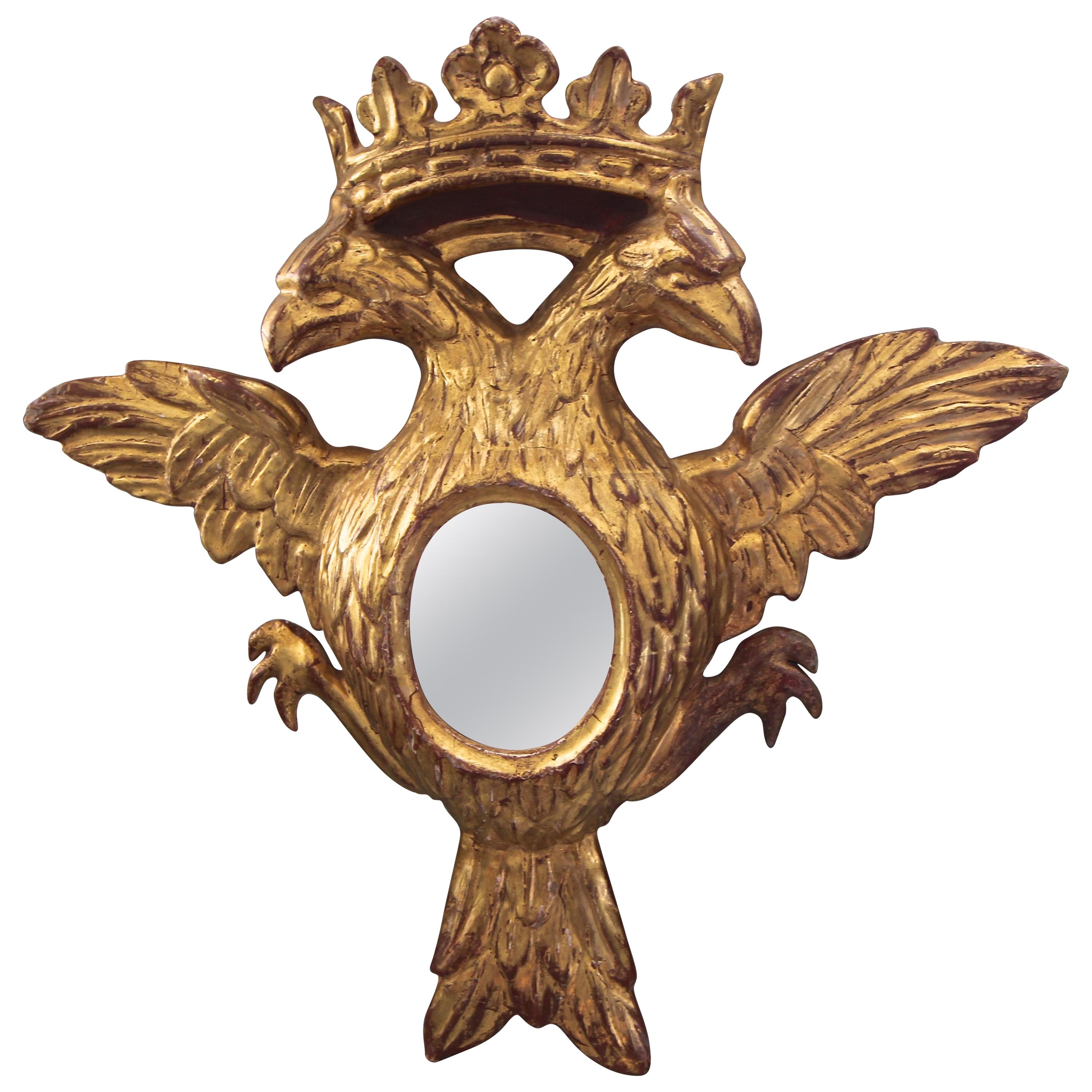 Double Eagle Head Crest and Crown Carved Giltwood Wall Mirror