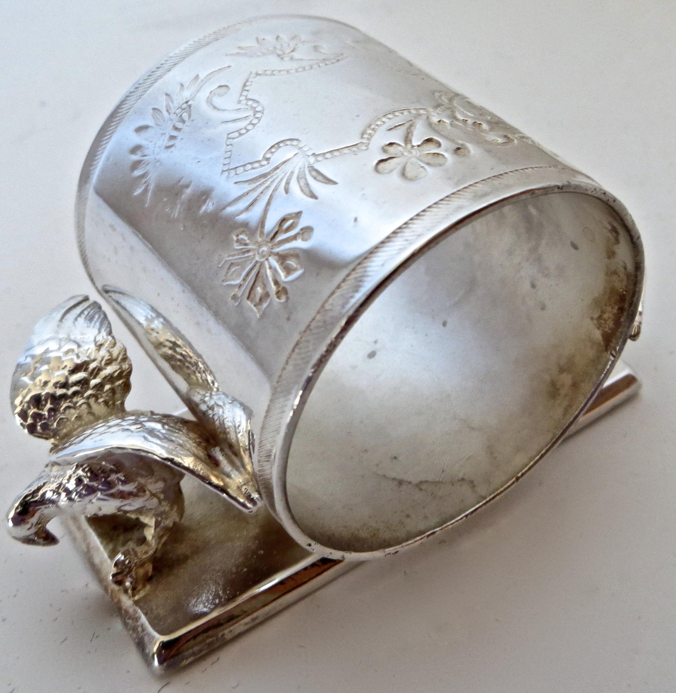 Animal and bird themed napkin rings were quite popular, and used frequently by silver plate manufacturers. They are highly sought after by collectors of Victorian figural napkin rings. Manufactured by the Middleton Plate Company, Middleton