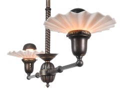 Double Eastlake Holophane Chandelier - Ruffled Shades and Capped Bulbs