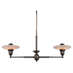 Double Eastlake Holophane Chandelier - Ruffled Shades and Capped Bulbs