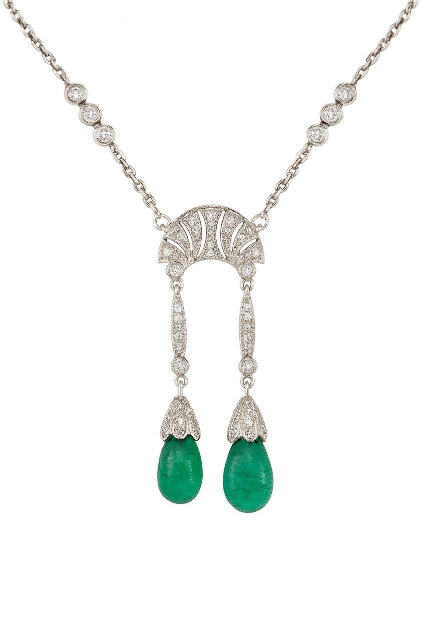 da uomo o donna Double Emerald drop and Diamond necklace, the polished Colombian emerald in vendita