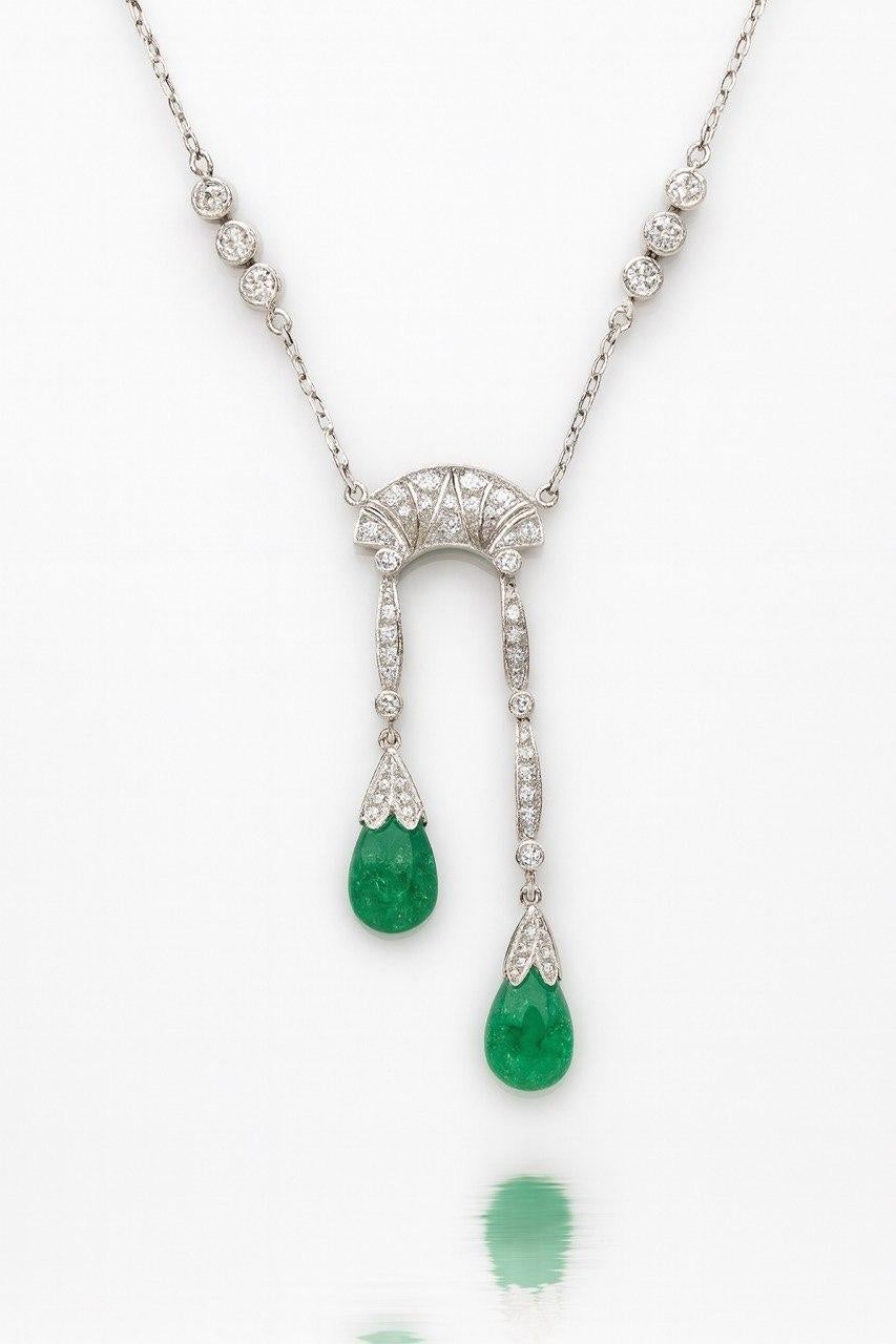 Double Emerald drop and Diamond necklace, the polished Colombian emerald in vendita 1
