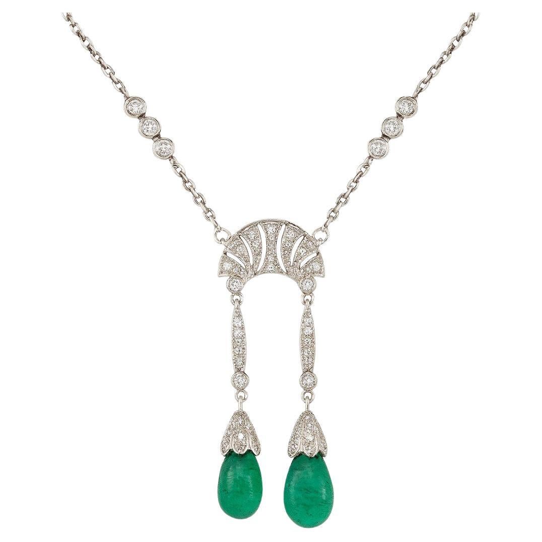 Double Emerald drop and Diamond necklace, the polished Colombian emerald