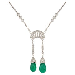 Double Emerald drop and Diamond necklace, the polished Colombian emerald