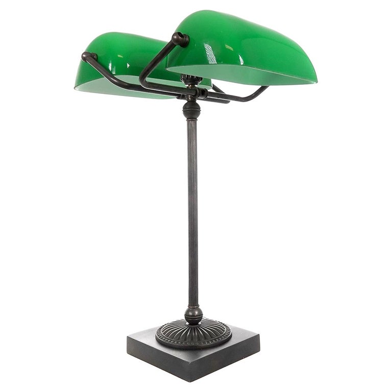 Double Emerald Glass Student Desk Lamp at 1stDibs