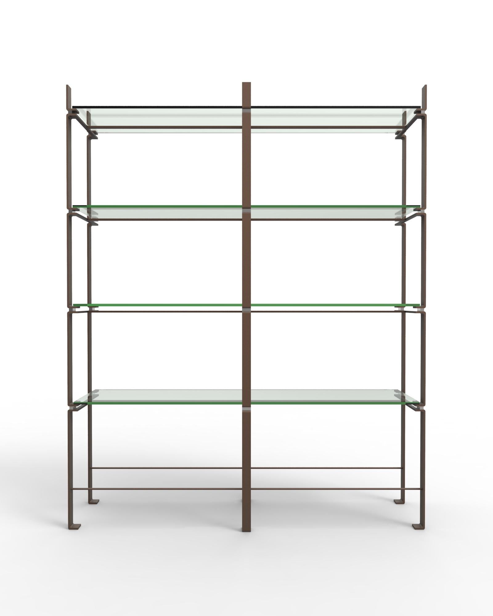 Double Etagere shelves by Gentner Design
Dimensions: D 35.5 x W 182 x H 238 cm
Materials: stainless steel, glass
Available in other sizes.

Visually delicate, the contrasting materials of polished stainless steel and glass give the pieces its