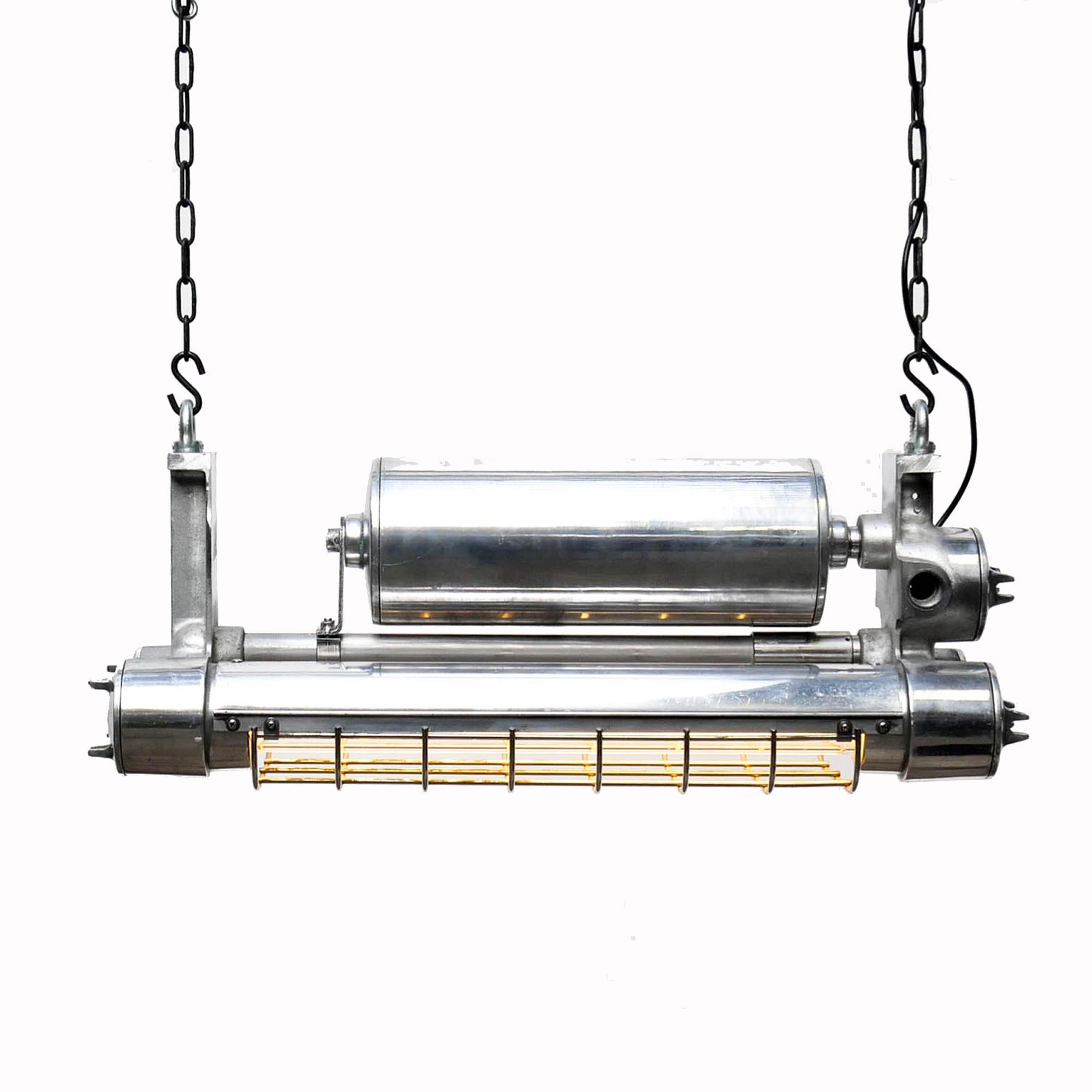 Cast aluminium fluorescent explosion-proof ceiling light, originally used on oil plateform. Fully restored, stripped, brushed polished and rewired with new electronic ballast (lighter) and fluorescent tubes commercially available (T8 2700K type,