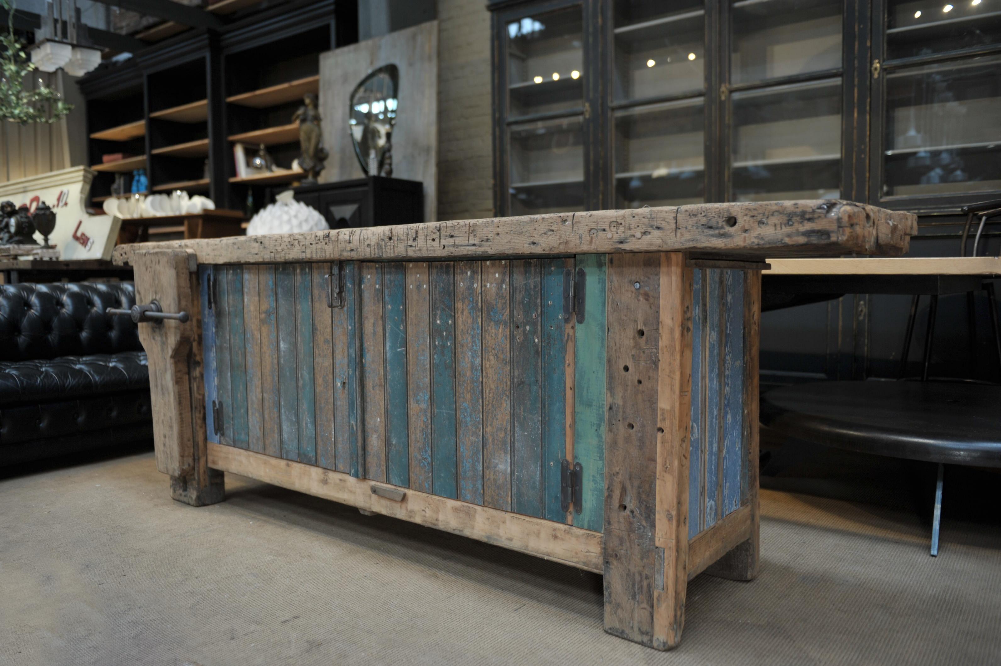 Industrial Double Face French Carpenter Workbench with Vice, circa 1930 For Sale