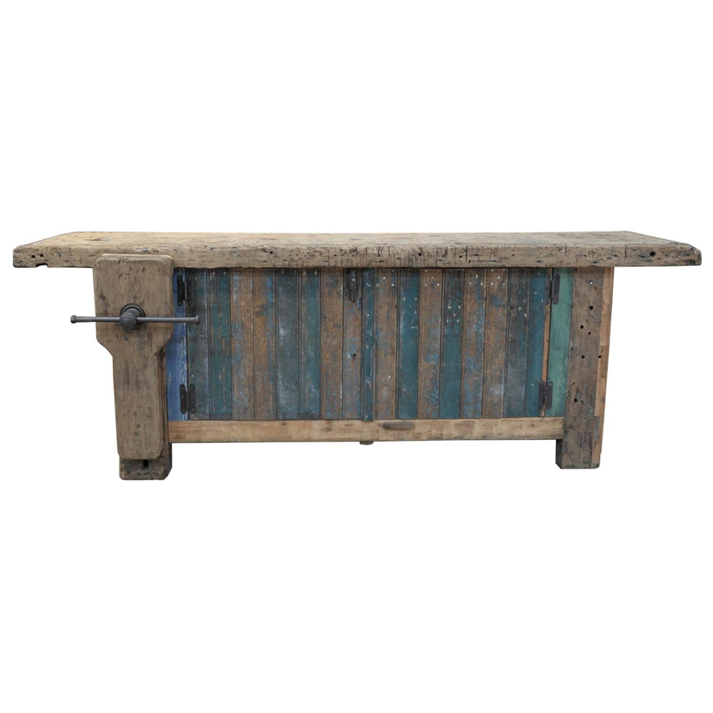Double Face French Carpenter Workbench with Vice, circa 1930 For Sale