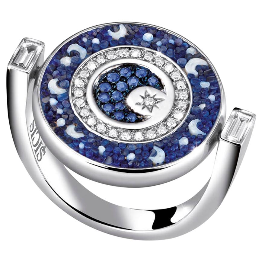 Double Face Ring White Gold White Diamonds Sapphires Hand Decorated Micro Mosaic