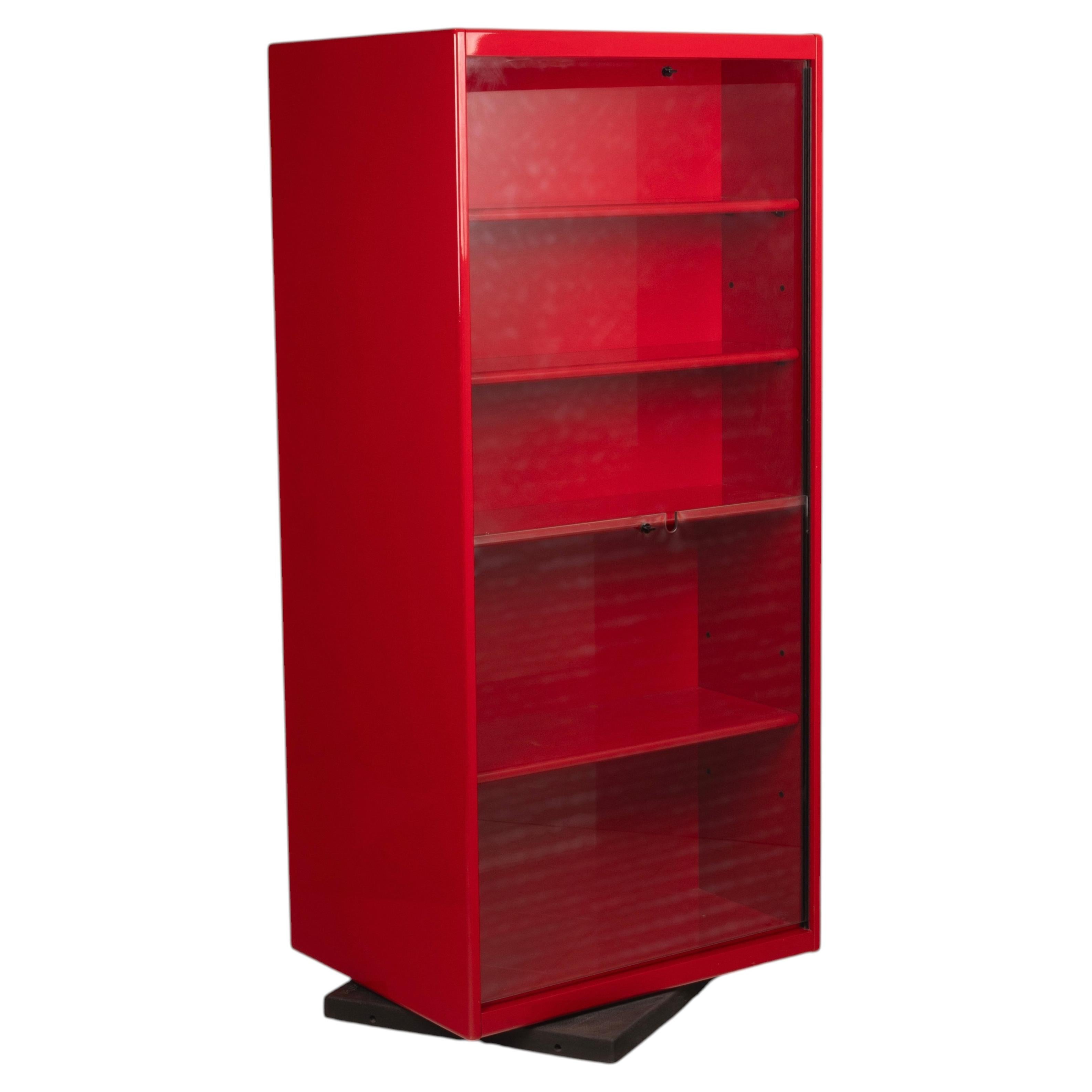 Cini Boeri Double-sided Rotating Bookcase / Cabinet in Red Lacquer by Arflex, 1980 For Sale