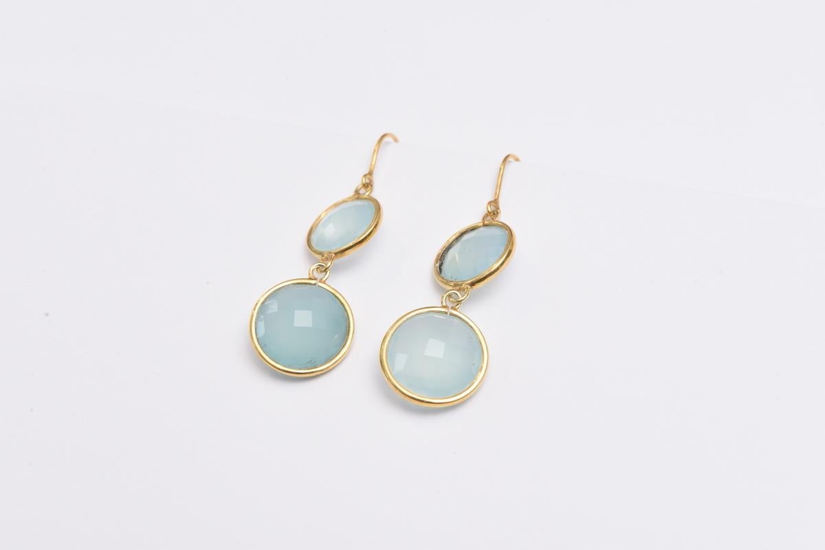 Double Faceted Chalcedony Drop Earrings in 18 Karat Gold In Excellent Condition In Nantucket, MA