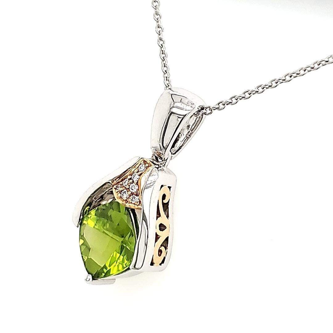 Antique Cushion Cut Double Faceted Peridot Pendant in White Gold and Diamonds For Sale