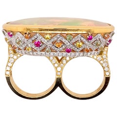 Double Finger Opal Ring with Diamonds and Multi-Color Sapphires