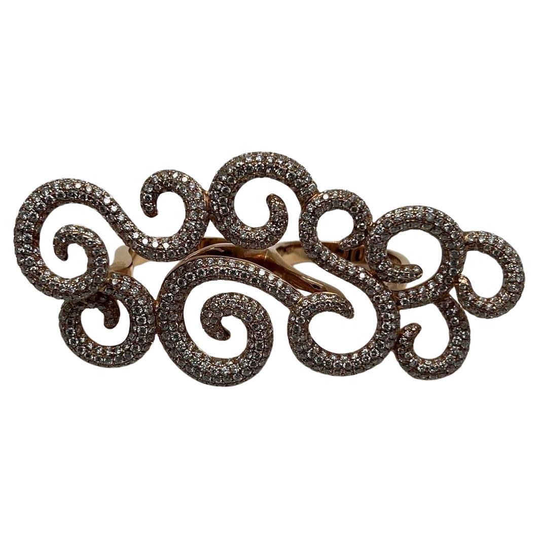 Double Finger Swirl Waves Diamond Pave 18K Rose Gold Statement Knuckle Ring