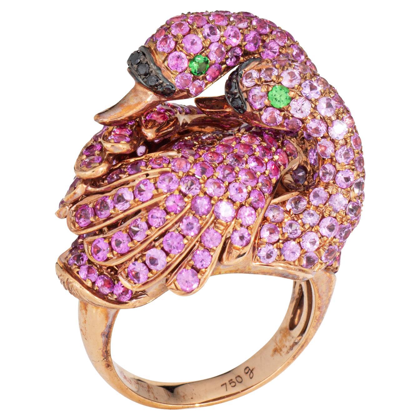 Double Flamingo Ring Love Birds Sz 5 Pink Sapphire 18k Rose Gold Estate