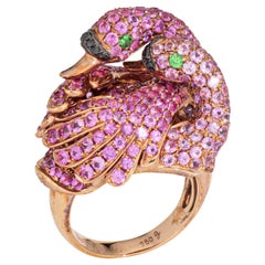 Double Flamingo Ring Love Birds Sz 5 Pink Sapphire 18k Rose Gold Estate