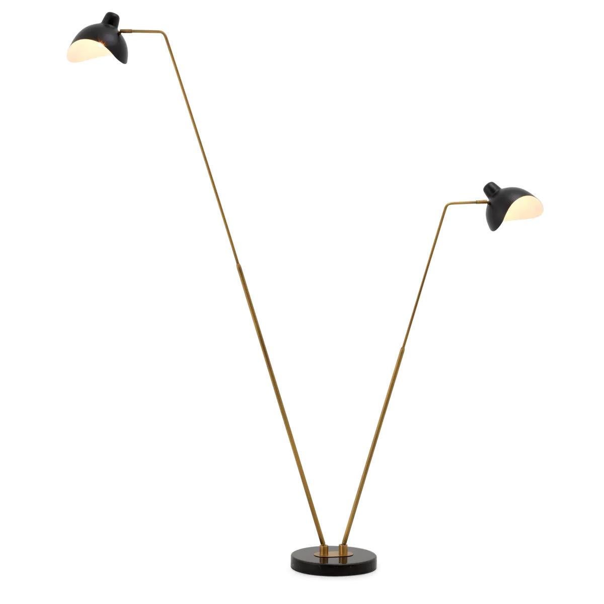 Modern Double Floor Lamp, Antique Brass and Black Finish, Black Marble Base. For Sale