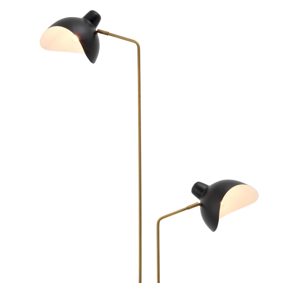 French Double Floor Lamp, Antique Brass and Black Finish, Black Marble Base. For Sale