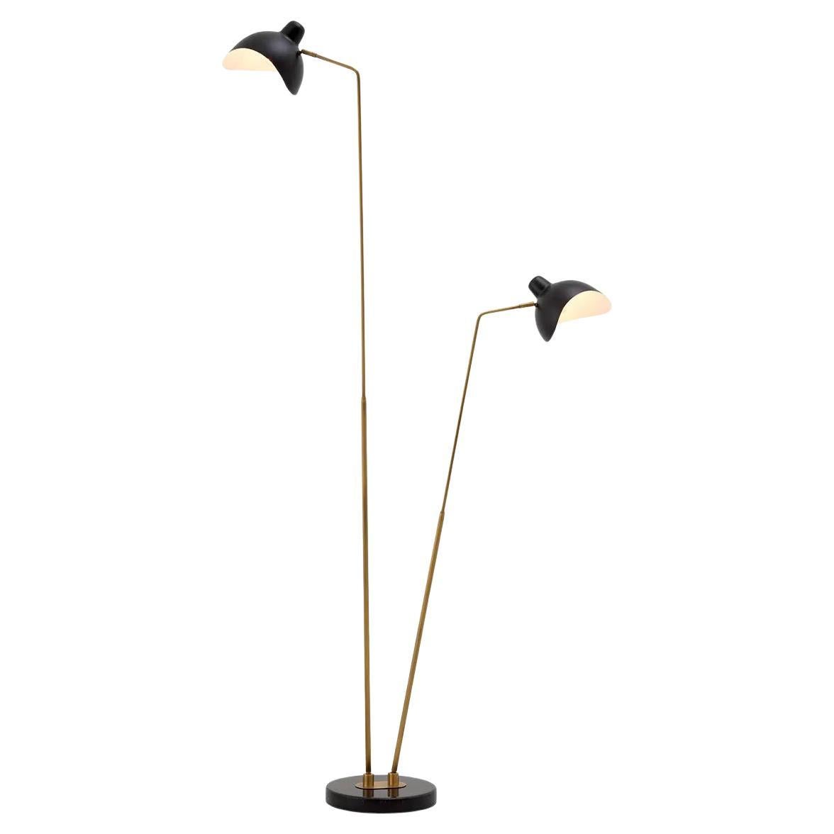 Double Floor Lamp, Antique Brass and Black Finish, Black Marble Base. For Sale