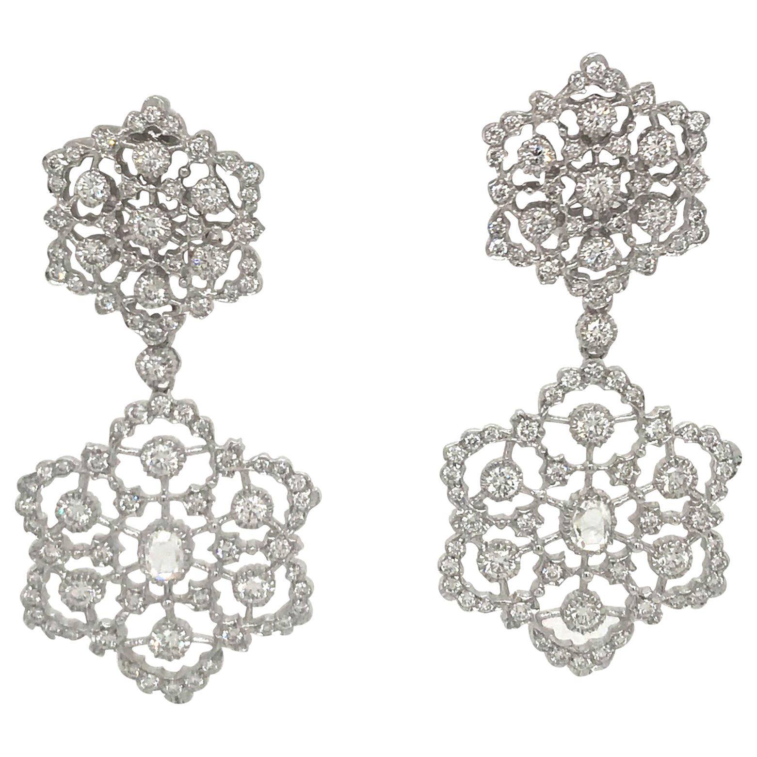 Double Floral Drop Earrings 2.54 Carat 18 Karat White Gold