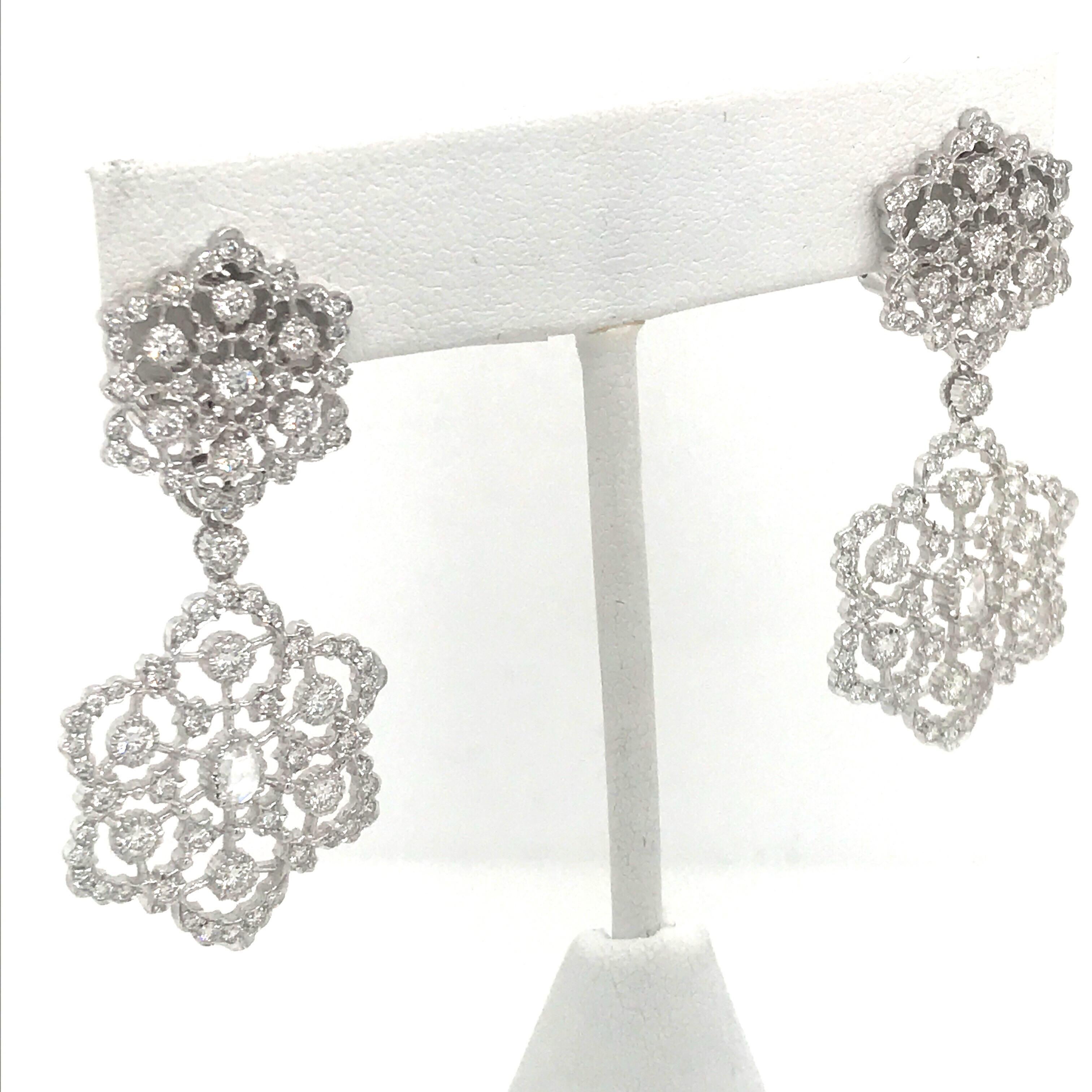 Round Cut Double Floral Drop Earrings 2.54 Carat 18 Karat White Gold