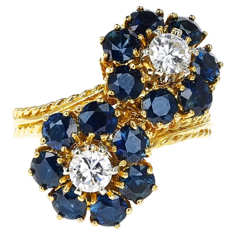 Double Floral Sapphire and Diamond Ring, 18K Ropework Gold For Sale