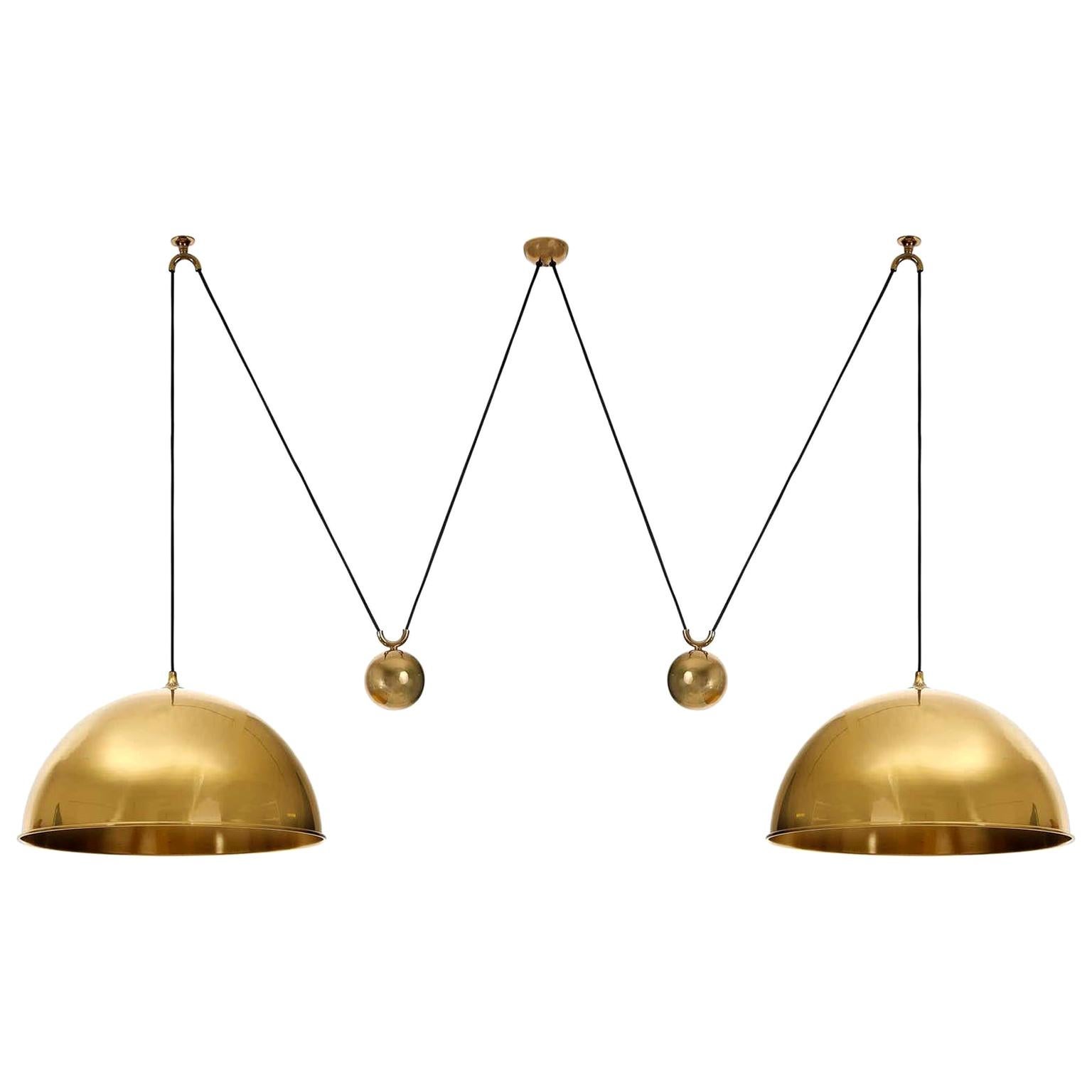 Double Florian Schulz Pendant Light, Brass Counterweight Counter Balance, 1970