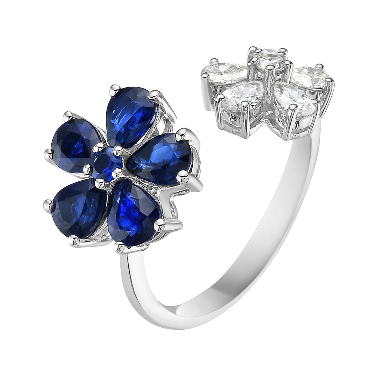 With this exquisite diamond and sapphire ring, style and glamour are in the spotlight. This 18-karat diamond and sapphire ring is made from 4.2 grams of gold. This ring is adorned with VS2, G color diamonds, with a set of 5 pear-shaped sapphires and