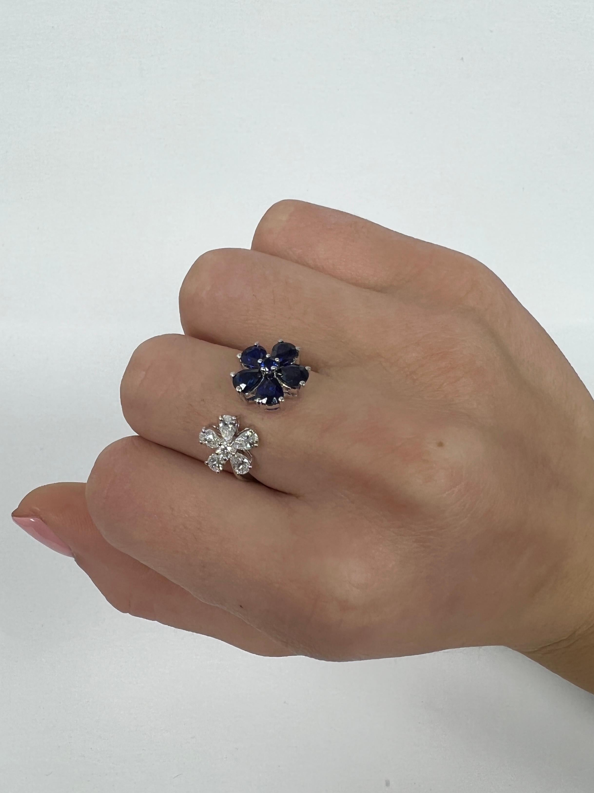 Brilliant Cut Double Flower Diamond and Sapphire Ring For Sale