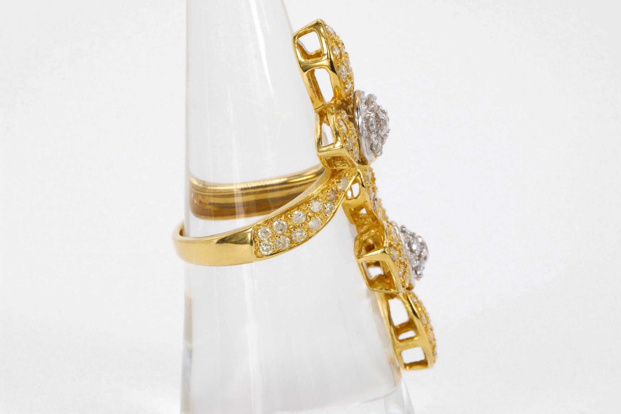 Bague à double fleur de diamant 2 CTW en or jaune 18k

Elegante et accrocheuse, cette bague Double Flower présente un éblouissant design à deux fleurs qui offre un éclat exceptionnel. Réalisé en or jaune 18 carats, il témoigne d'une exécution