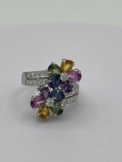 Double Flower Ring Sapphires, Diamonds 18k White Gold