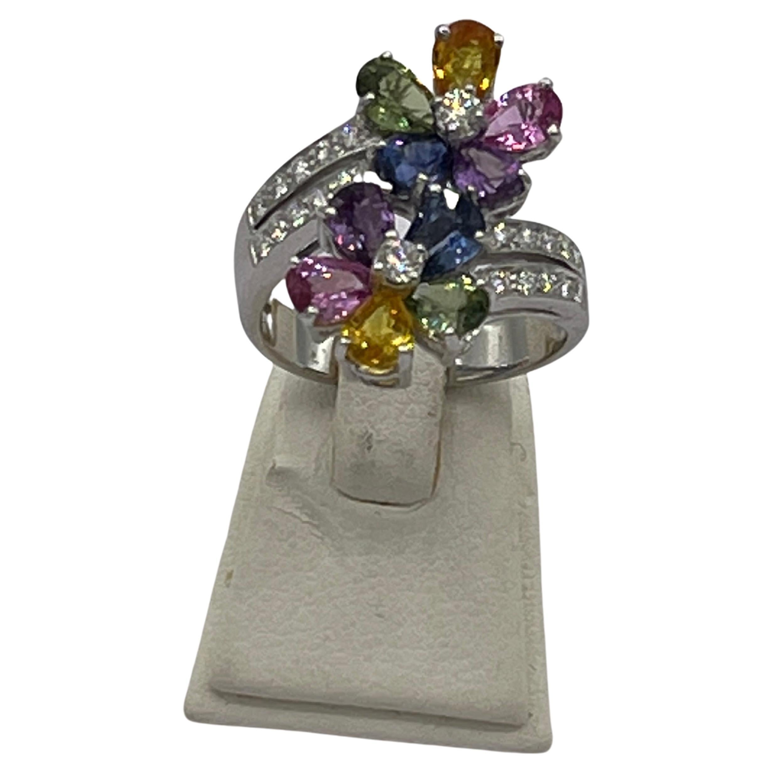 Double Flower Ring Sapphires, Diamonds 18k White Gold For Sale