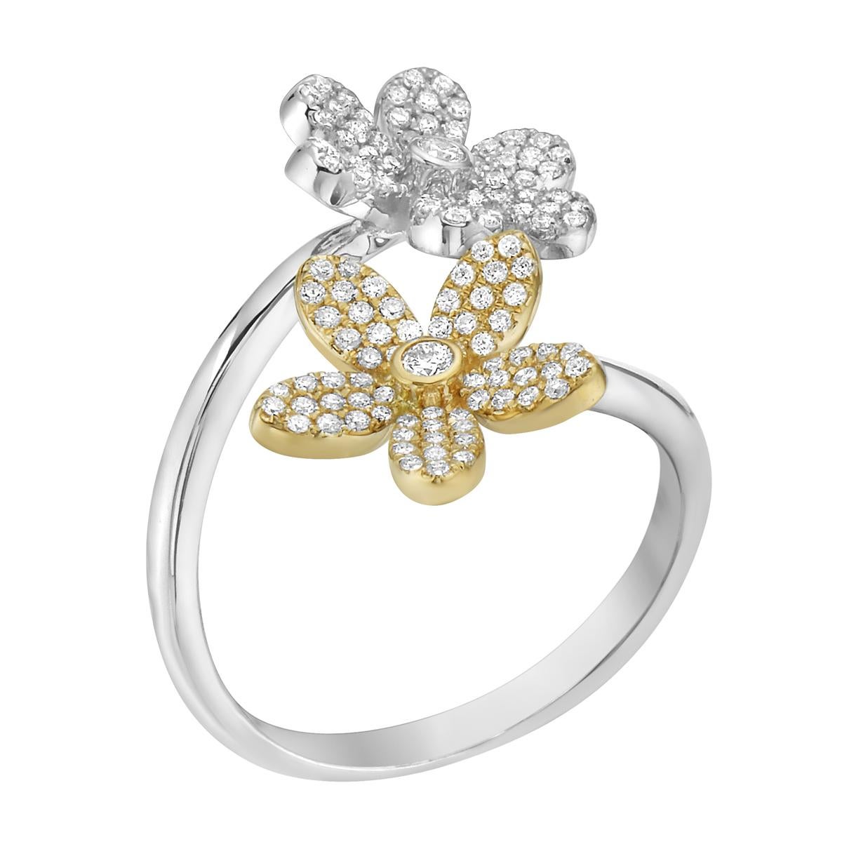 With this exquisite double flower wrap-around diamond ring, style and glamour are in the spotlight. This 14 karat ring is made from 3.1 grams of gold and is covered in 133 round SI1-SI2, GH color diamonds totaling 0.50ct. This ring is size 6.5.
