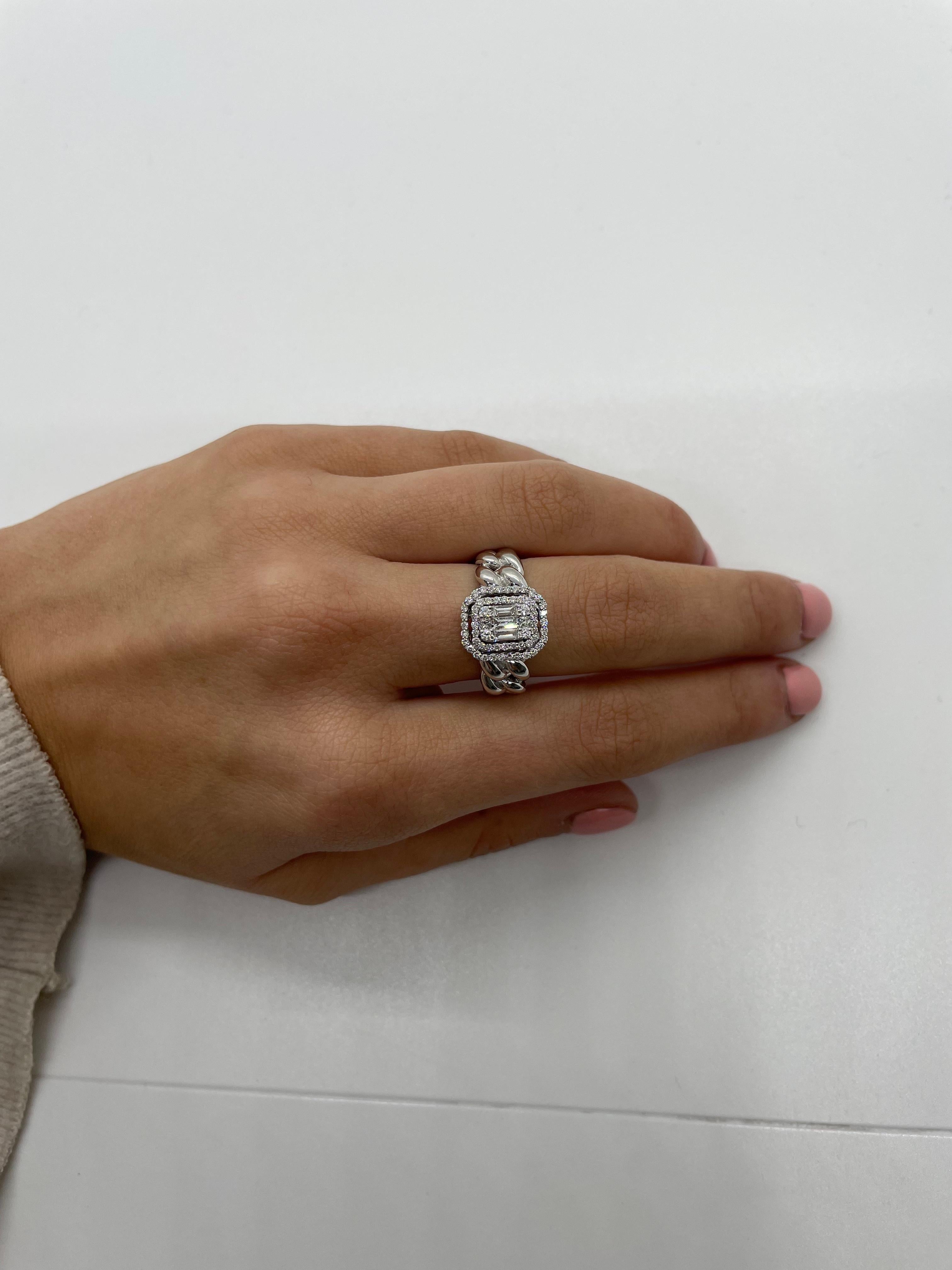 For Sale:  Double Frame Cuban Chain Diamond Ring in 18K White Gold 3