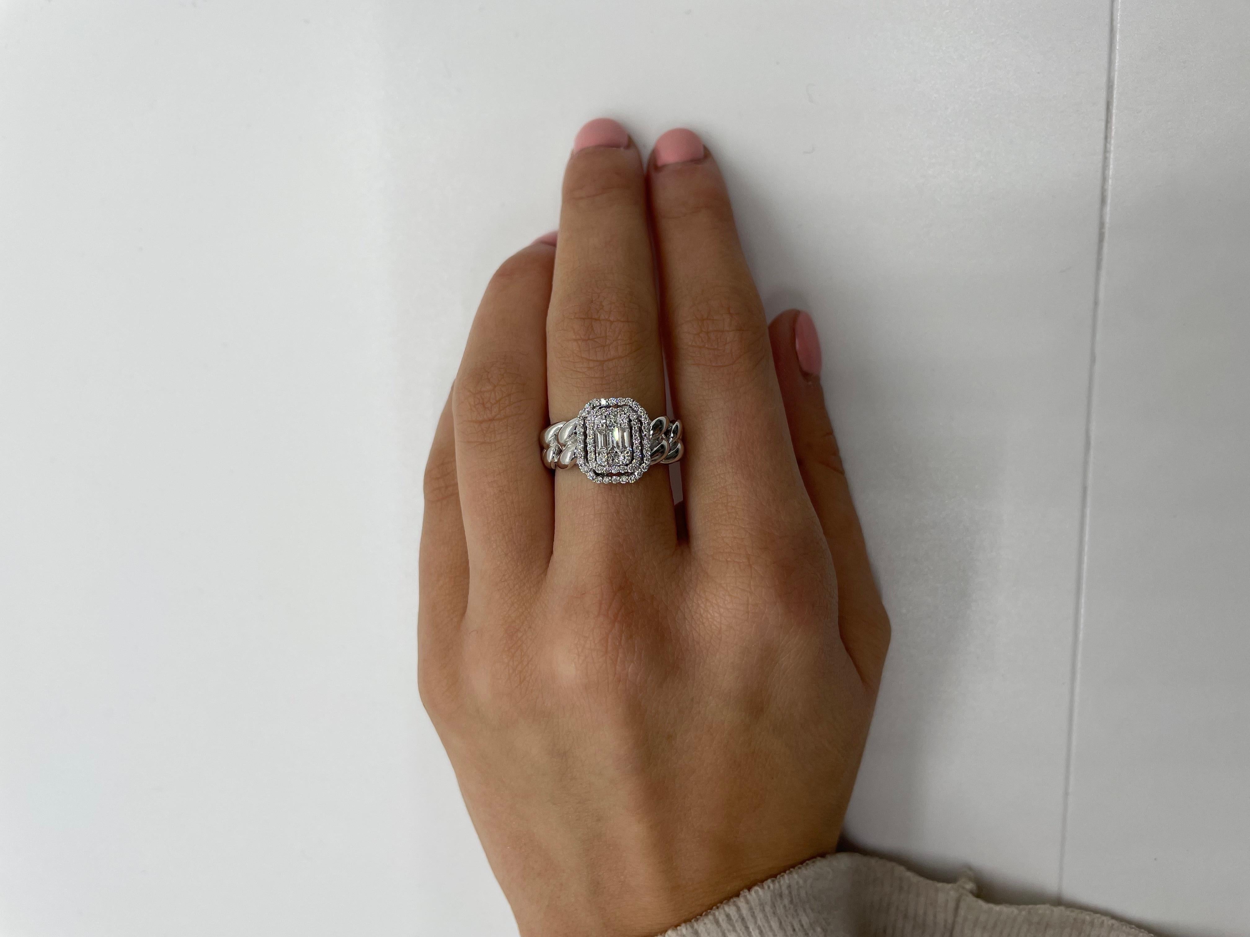 For Sale:  Double Frame Cuban Chain Diamond Ring in 18K White Gold 4