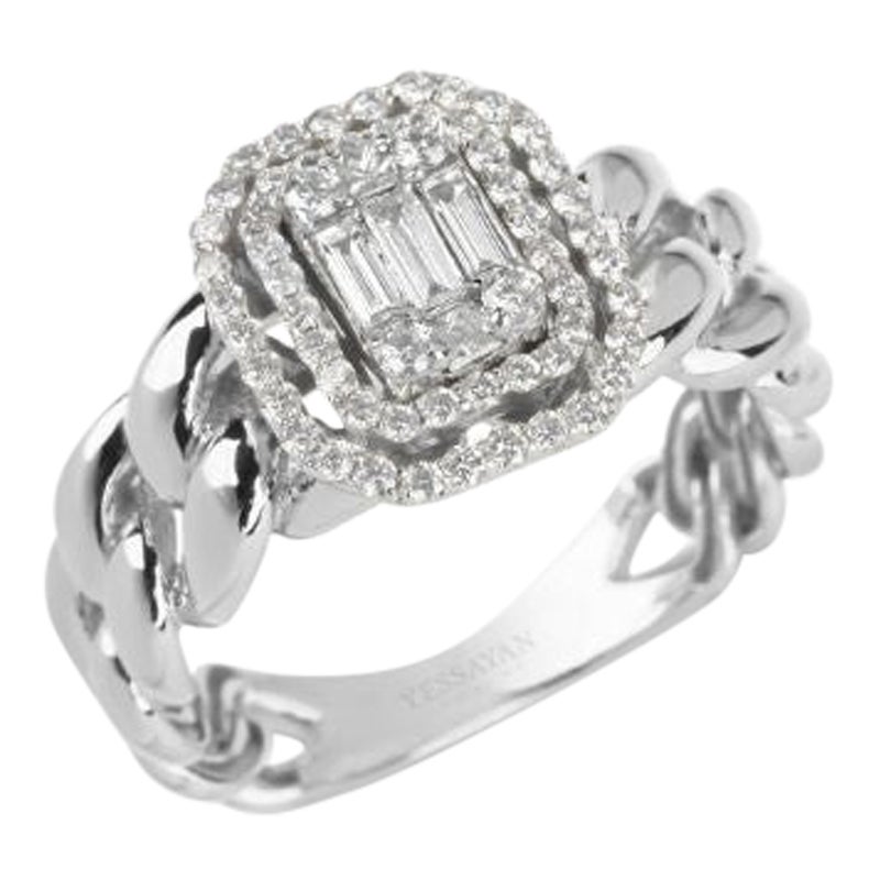 Anillo de diamantes con cadena cubana de doble montura en oro blanco de 18 quilates